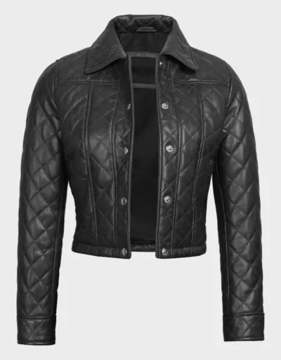 Women's Black Quilted Cropped Leather Jacket