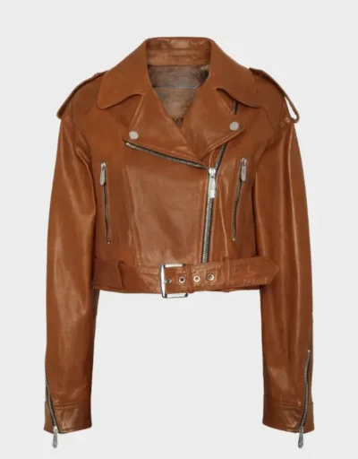Women Leather Brown Cropped Jacket