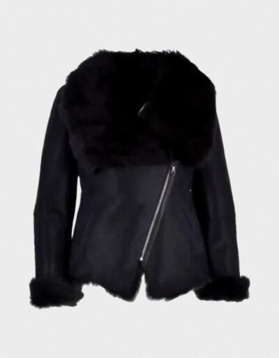 Black Leather Shearling Jacket For Women