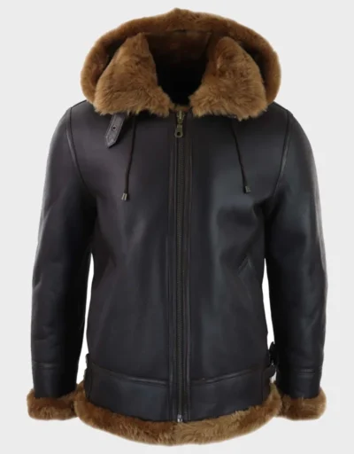 Men’s Brown Leather Shearling Aviator Jacket with Hood