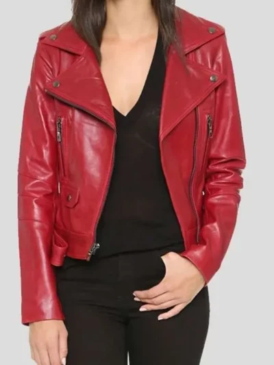 Red Biker Real Leather Jacket For Women