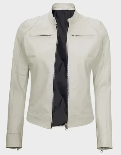 Off White Leather Cafe Racer Jacket for Women