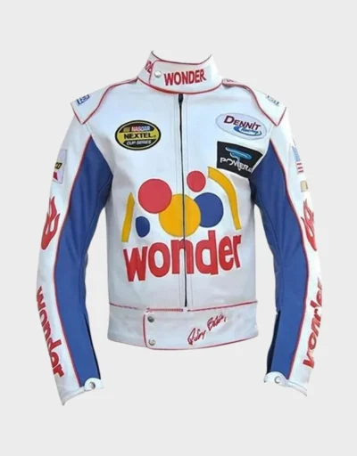 Women’s Racing-Inspired White and Blue Faux Leather Jacket