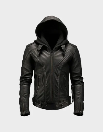 Men's Hooded Black Biker Leather Jacket