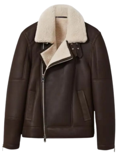 Mens Shearling Lined Leather Aviator Jacket Dark Brown