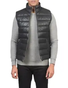 Reeves Black Leather Puffer Vest