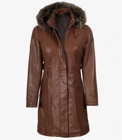Women’s Brown Leather Long Coat With Faux Fur Hood