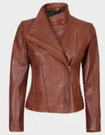 Arezzo Cognac Cafe Racer Style Women's Leather Jacket - Image 3