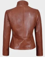 Arezzo Cognac Cafe Racer Style Women's Leather Jacket - Image 4