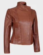 Arezzo Cognac Cafe Racer Style Women's Leather Jacket - Image 5