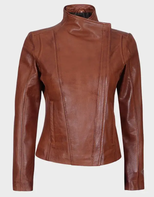 Arezzo-Cognac-Brown-Womens-Cafe-Racer-Leather-Jackets.webp Arezzo Cognac Cafe Racer Style Women's Leather Jacket - Image 1