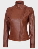 Arezzo Cognac Cafe Racer Style Women's Leather Jacket - Image 2