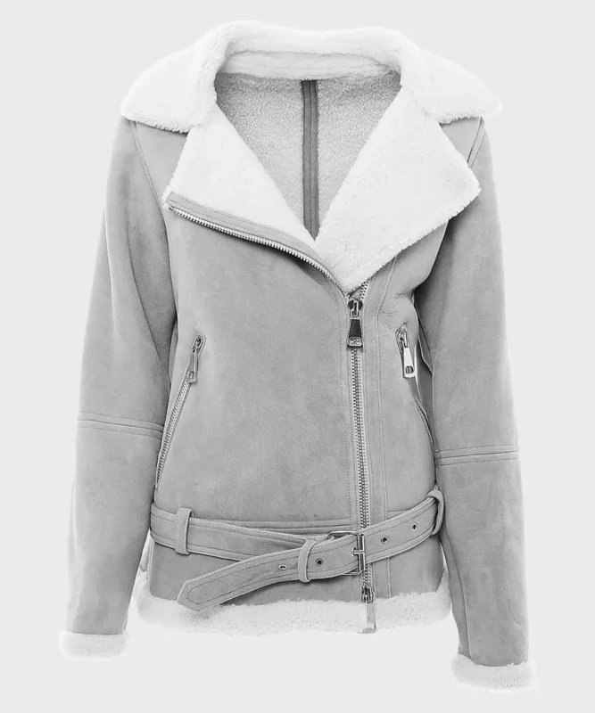 Women's gray suede shearling jacket, front view, with wide white shearling lapels, an off-center zip and a buckled suede belt