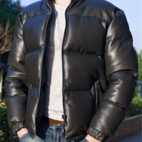Men’s Black Handmade Sheepskin Leather Quilted Puffer Jacket