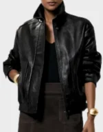 Women’s Oversized Grained Leather Bomber Jacket in Black - Image 2