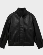 Women’s Oversized Grained Leather Bomber Jacket in Black