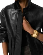 Women’s Oversized Grained Leather Bomber Jacket in Black - Image 4