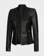 Women Cafe Racer Black Leather Jacket - Image 3