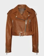 Women Leather Brown Cropped Jacket