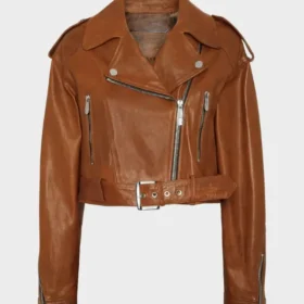 Women Leather Brown Cropped Jacket