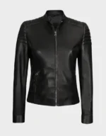 Women Cafe Racer Black Leather Jacket - Image 2