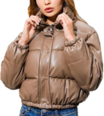 Women’s Brown Lambskin Leather Puffer Jacket
