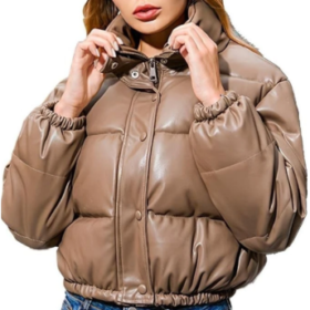 Women’s Brown Lambskin Leather Puffer Jacket