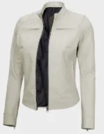 Off White Leather Cafe Racer Jacket for Women - Image 4