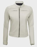 Off White Leather Cafe Racer Jacket for Women - Image 2