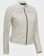 Off White Leather Cafe Racer Jacket for Women - Image 3