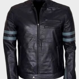 Blue Stripe Retro Black Biker Jacket