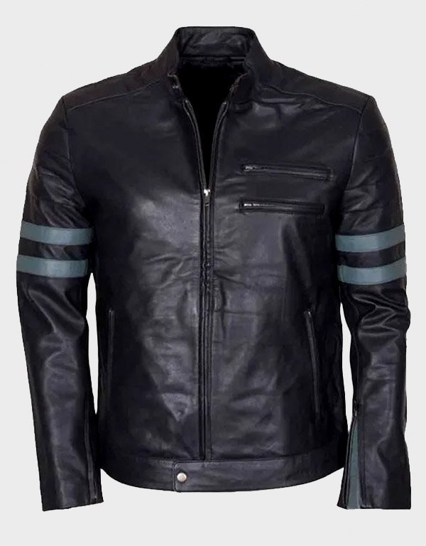 blue-stripe-retro-black-biker-jacket.jpg Blue Stripe Retro Black Biker Jacket - Image 1