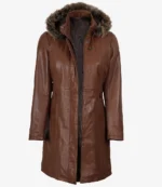 Women’s Brown Leather Long Coat With Faux Fur Hood - Image 2