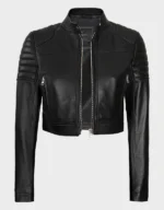 Women’s Black Cropped Style Café Racer Leather Jacket