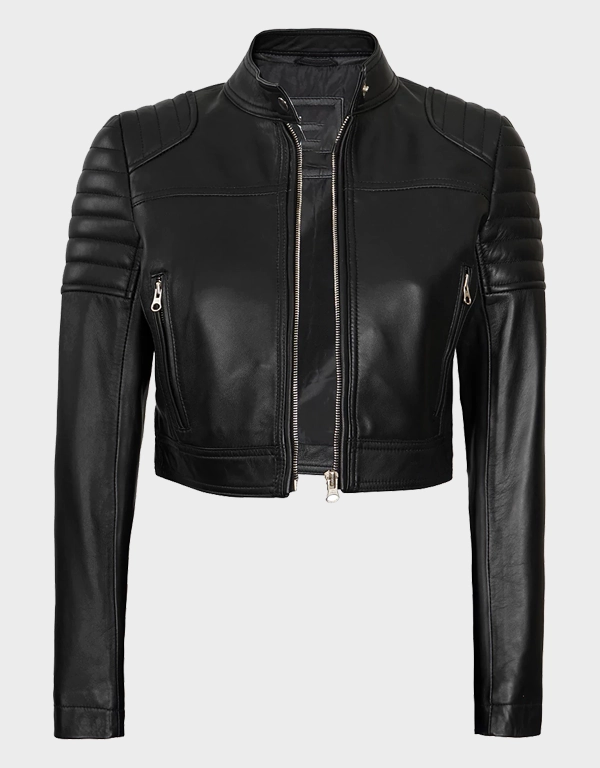 c1.webp Women’s Black Cropped Style Café Racer Leather Jacket - Image 1
