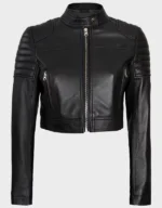 Women’s Black Cropped Style Café Racer Leather Jacket - Image 2