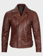 Men's Dark Brown Quilted Asymmetrical Leather Biker Jacket - Image 3