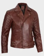 Men's Dark Brown Quilted Asymmetrical Leather Biker Jacket - Image 2