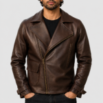 Chris Evans Captain America First Avenger brown leather biker jacket with asymmetric zip, lapel collar and belted cuffs, front view