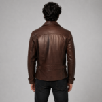 Chris Evans Captain America First Avenger brown leather biker jacket with asymmetric zip, lapel collar and belted cuffs, back view