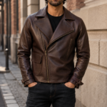 Chris Evans Captain America First Avenger brown leather biker jacket with asymmetric zip, lapel collar and belted cuffs, front close view