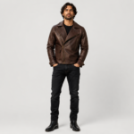 Chris Evans Captain America First Avenger brown leather biker jacket with asymmetric zip, lapel collar and belted cuffs, full front view