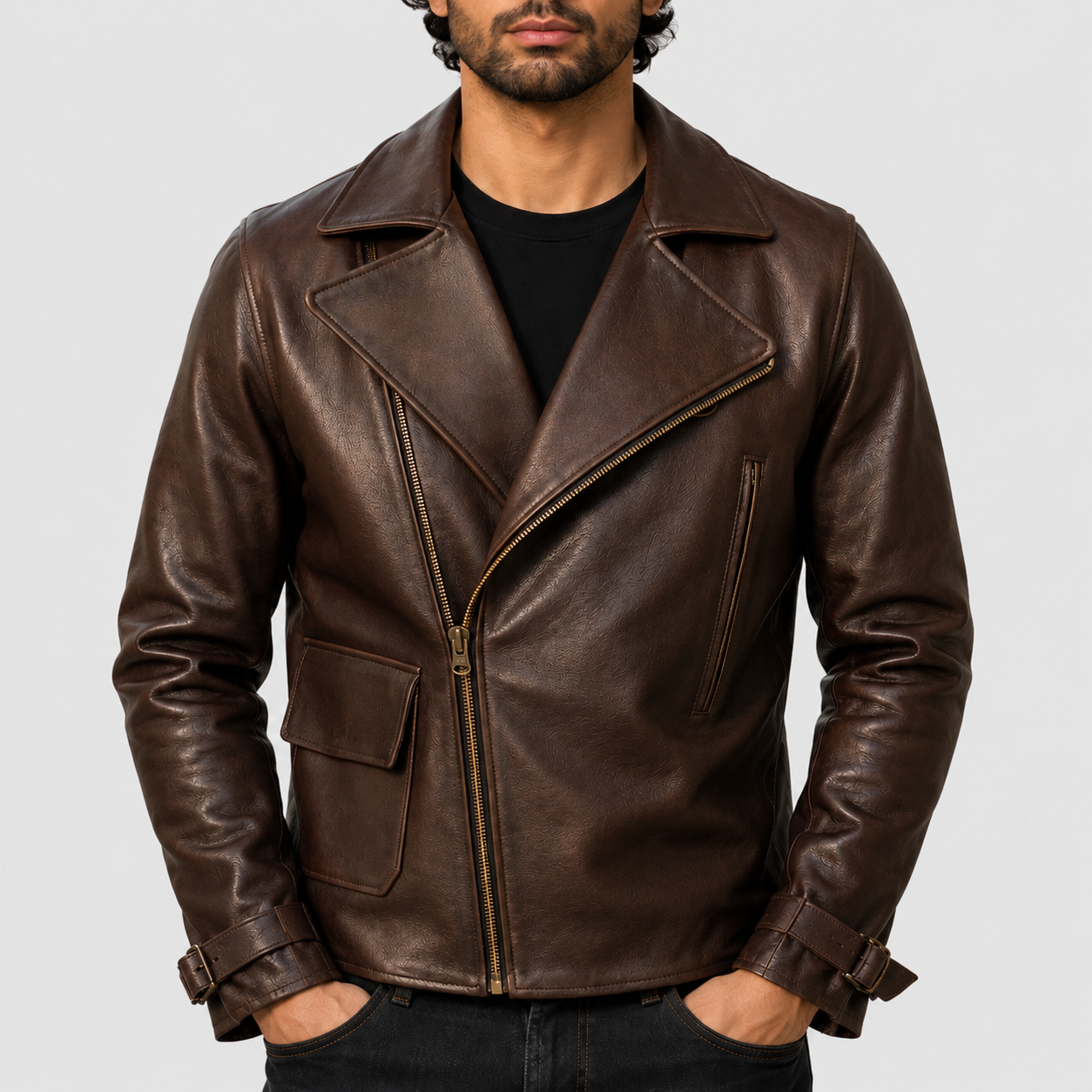Chris Evans Captain America First Avenger brown leather biker jacket with asymmetric zip, lapel collar and belted cuffs, front view
