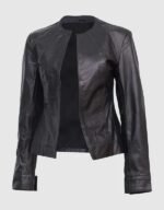 Women Black Collarless Leather Jacket