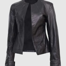 Women Black Collarless Leather Jacket