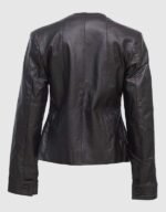 Women Black Collarless Leather Jacket - Image 2