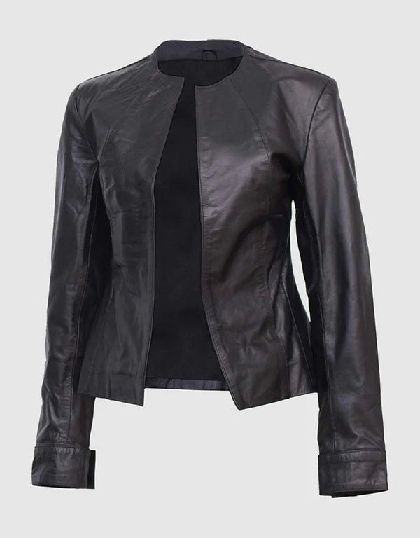 collarless-leather-jacket.jpg Women Black Collarless Leather Jacket - Image 1