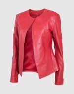 Women Black Collarless Leather Jacket - Image 3