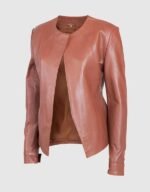 Women Black Collarless Leather Jacket - Image 4