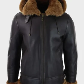 Men’s Brown Leather Shearling Aviator Jacket with Hood